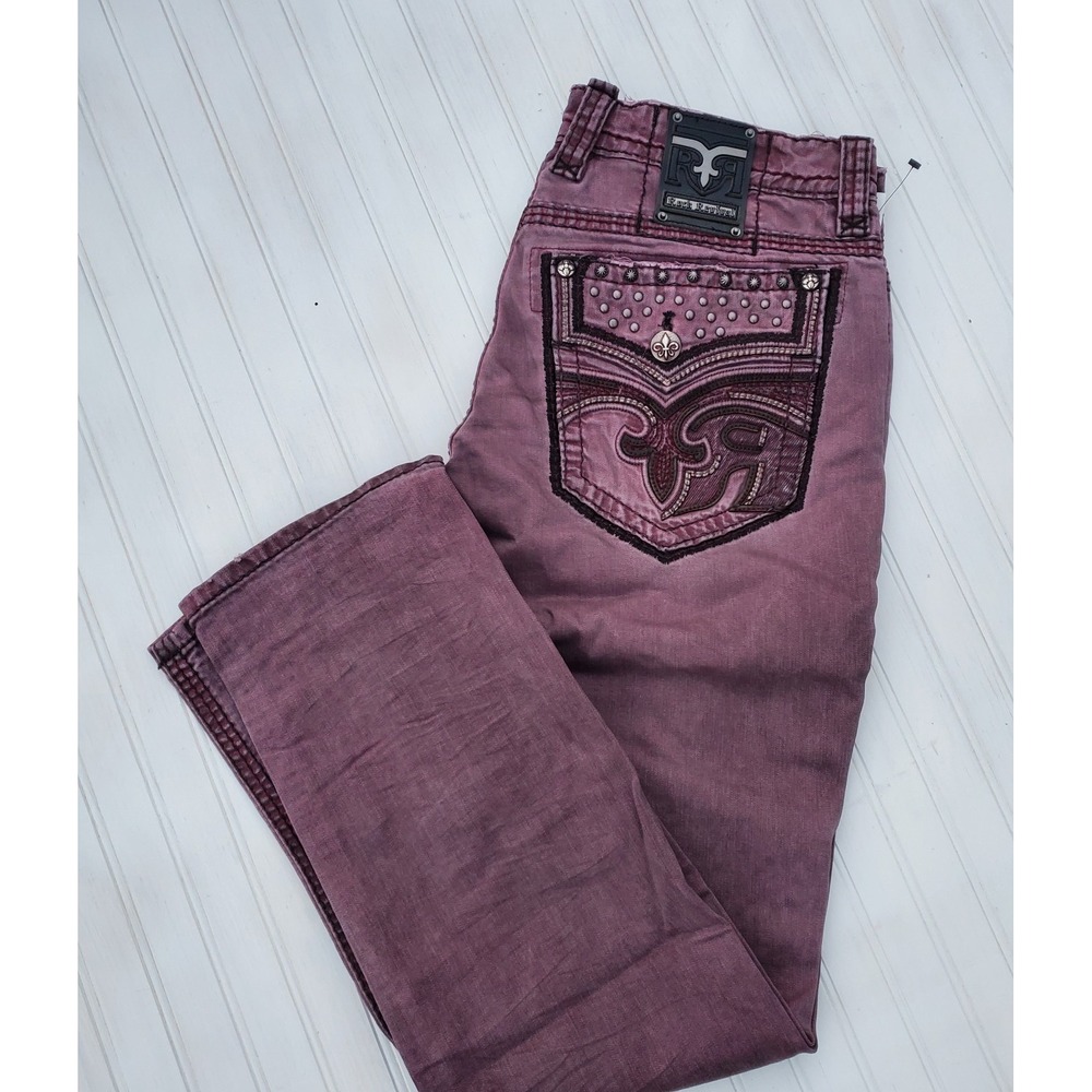 Rock Revival Jeans Reid Biker Mens 38 Burgundy Moto Style Straight Leg Y2K 38x34